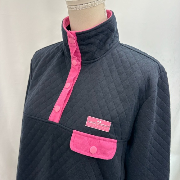 Simply Southern Quilted Pullover Sweatshirt 1/4 Snap Womens Dark Navy Pink Large - Picture 3 of 11